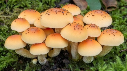 Fototapeta premium Small, delicate mushrooms growing in clusters in a mossy forest, bathed in soft light.