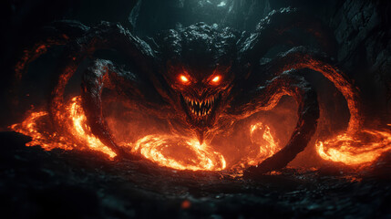 Fototapeta premium multi limbed demon with glowing eyes and fiery surroundings