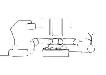 Continuous line interior with sofa, plant and lamp. One line drawing of Living room with modern furniture. Single line drawing of furniture.