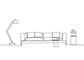 Continuous line interior with sofa, plant and lamp. One line drawing of Living room with modern furniture. Single line drawing of furniture.