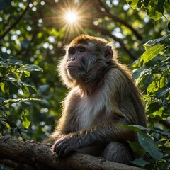 Fototapeta premium A wise monkey sitting under a sacred tree, with beams of sunlight breaking through the canopy.