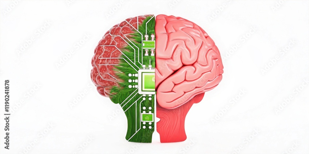Poster a stylized brain split into two halves: one side features circuitry, while the other displays a trad