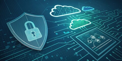 A digital representation of cybersecurity, featuring a shield icon, cloud symbols, and circuit patterns, emphasizing data protection and secure cloud storage.