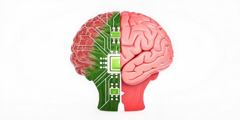 A stylized brain split into two halves: one side features circuitry, while the other displays a traditional brain structure, symbolizing the blend of technology and intelligence.