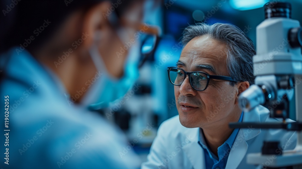 Poster a scientist engages with a colleague in a lab, focusing on research using a microscope.