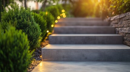 Closeup of Concrete Stairs in Beautifully Landscaped Backyard Garden Planted with Various Shrubs and Bushed and Decorated with Outdoor Garden Lights.