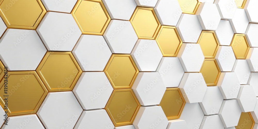 Poster a modern wall design featuring a pattern of hexagonal tiles in white and gold, creating a sleek, con