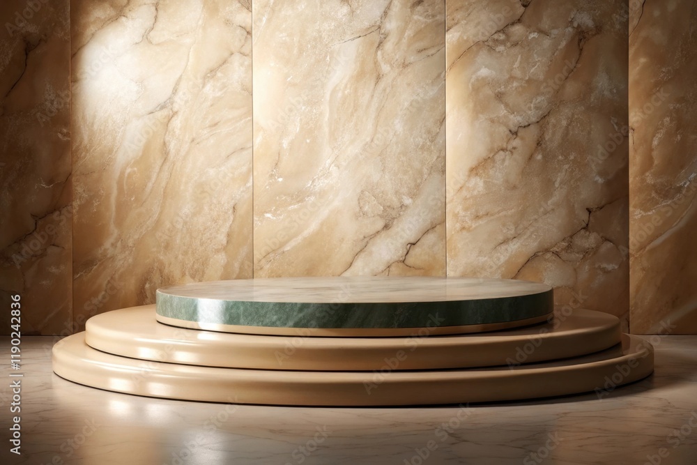 Poster a minimalist display podium set against a smooth, marble-textured background, featuring layered circ