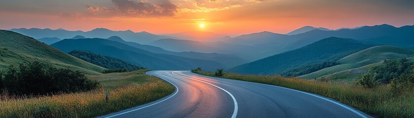 Fototapeta premium asphalt road winding through mountains, sunrise lighting, panoramic view, breathtaking natural scenery, morning road trip