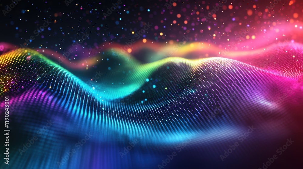 Poster a colorful neon pixelated design with dynamic swirling gradient patterns in blue, green, and purple,
