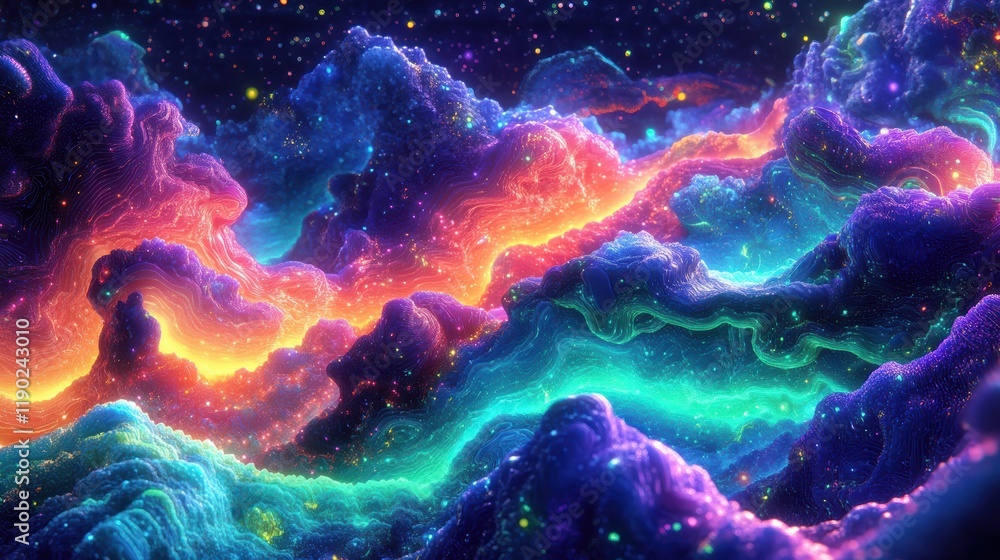 Poster a colorful neon pixelated design with dynamic swirling gradient patterns in blue, green, and purple,