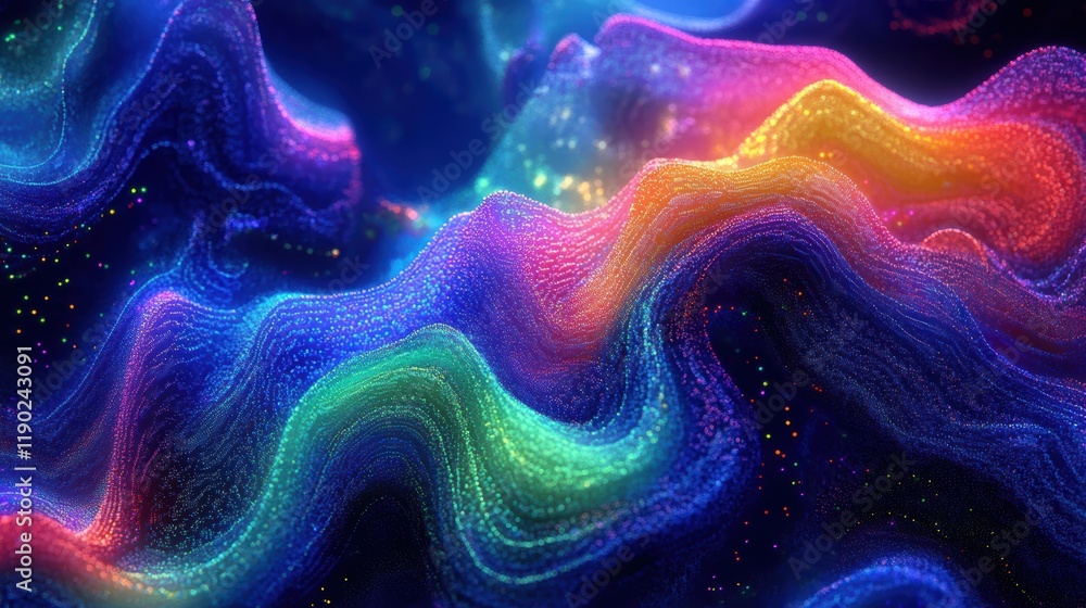 Poster a colorful neon pixelated design with dynamic swirling gradient patterns in blue, green, and purple,