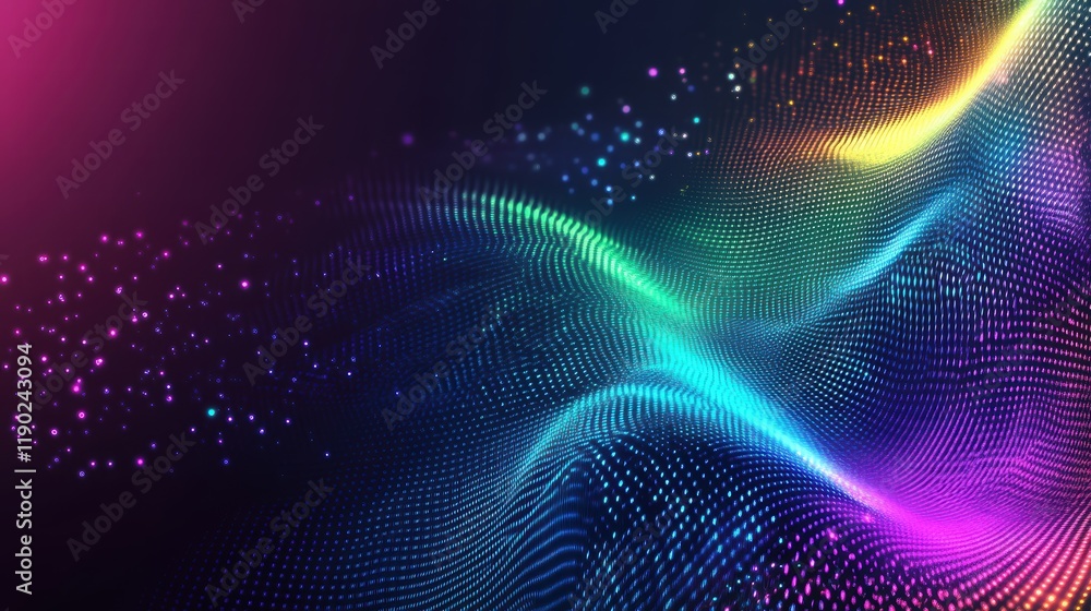Poster a colorful neon pixelated design with dynamic swirling gradient patterns in blue, green, and purple,