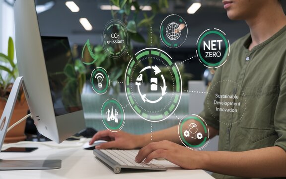 Person working on computer displays net zero sustainable development
