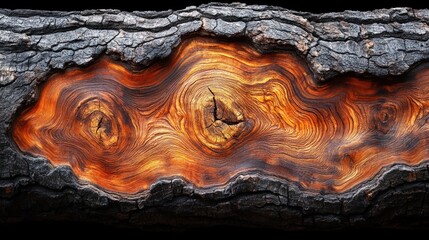 Charred wood cross-section revealing vibrant inner rings and texture.