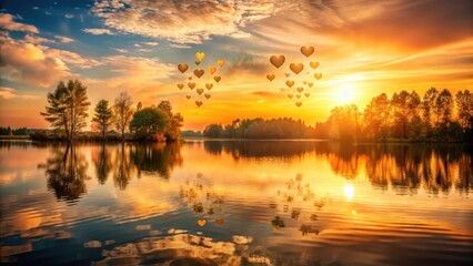 Floating hearts overlay on a serene lake at sunset, with trees reflected in the water, peaceful, golden light,  peaceful