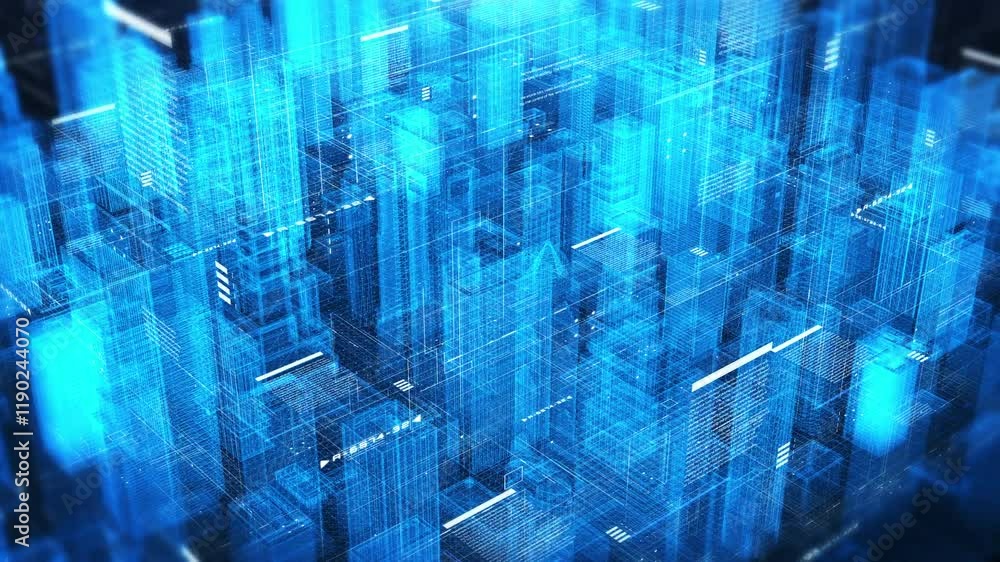 Poster Futuristic smart city, skyscraper with hud digital ui system panel. Security data network communication 4K motion background.