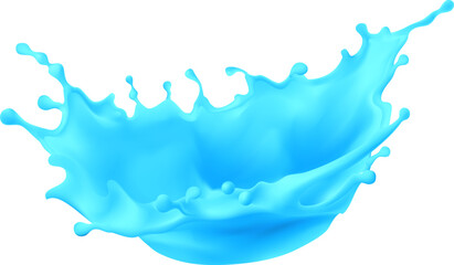 Liquid water wave splash of blue flow swirl or pour spill, water drops, realistic on white background.
