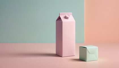 Colorful milk carton and glass on pastel background