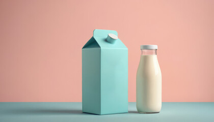 Colorful milk carton and glass on pastel background