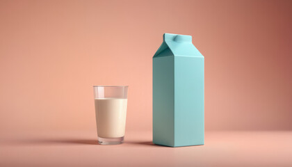 Colorful milk carton and glass on pastel background
