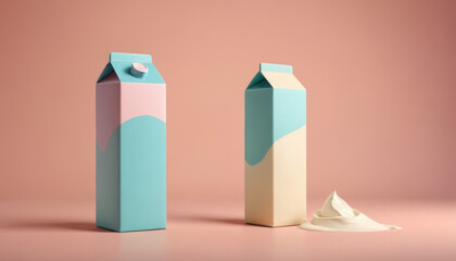 Colorful milk carton and glass on pastel background