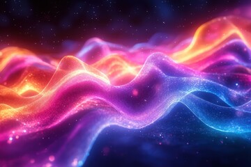 Obraz premium A dark background with neon-colored waves of light flowing and glowing softly