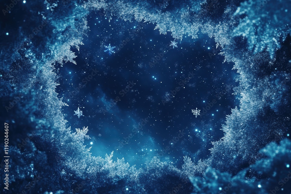 Poster a dark blue snowy background with falling snowflakes, framed by glowing edges for adding text in the