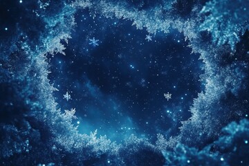 A dark blue snowy background with falling snowflakes, framed by glowing edges for adding text in the middle