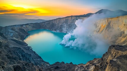 Fototapeta premium Volcanic Crater Lake at Sunrise: A Stunning Landscape