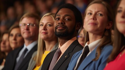 Diverse audience attentively watching a formal event, focusing on the speaker, in a business setting.