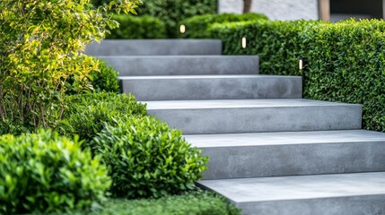 Closeup of Concrete Stairs in Beautifully Landscaped Backyard Garden Planted with Various Shrubs and Bushed and Decorated with Outdoor Garden Lights.