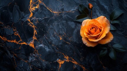 A dark, glossy marble surface with golden veins and elegant shine
