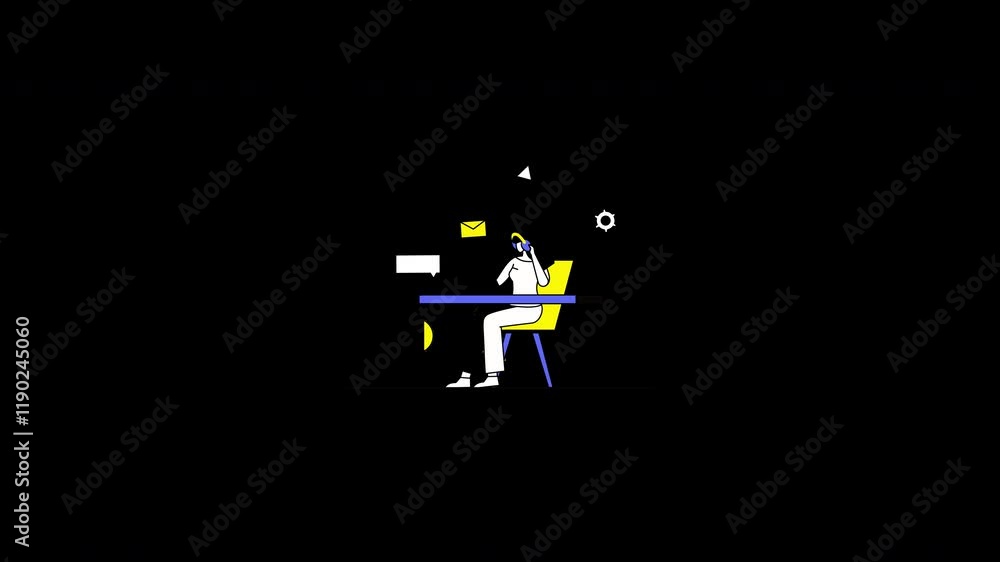 Poster a person working at a desk with a modern design in a minimalist setting.