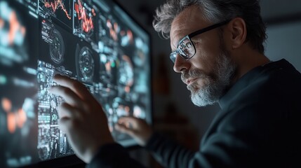 A business professional interacting with futuristic holographic interface panels showcasing financial data and analytics,