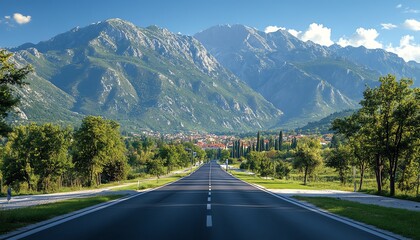 panoramic highway road with mountain backdrop, sunrise over natural scenery, scenic drive, beautiful morning landscape