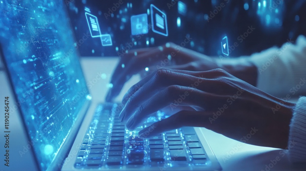 Poster digital transformation: hands typing on a glowing laptop, data streams flowing seamlessly