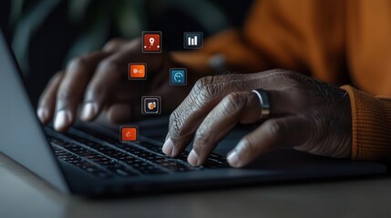 Close-up of hands typing on a laptop with floating digital icons representing AI, data science, and cloud computing,