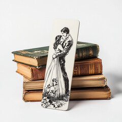 Valentine bookmark showcasing a hand-drawn wedding photo, placed on a stack of classic books