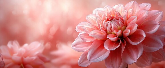 Close-up of a delicate pink dahlia flower with blurred background.