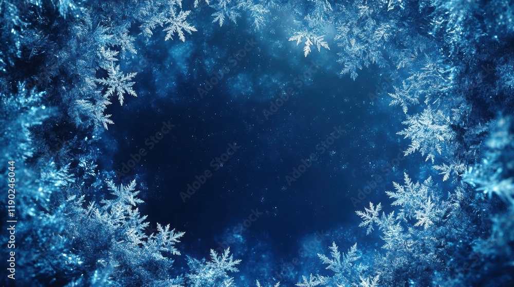 Poster a deep blue winter background with snowflakes in varying shades of blue, creating a frame for text