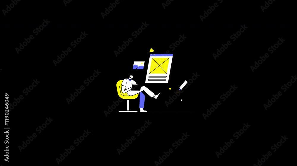 Poster a person sits in a yellow chair, working on a computer with an abstract screen, representing a creat