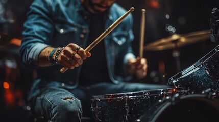 Close-up of a drummer's hands playing drums during a performance.