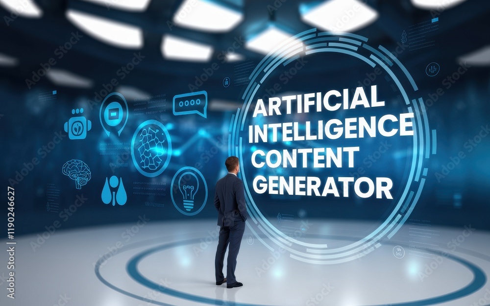 Poster man viewing artificial intelligence content generator technology