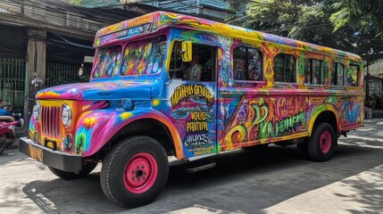 Vibrant Colorful Graffiti Bus in the City