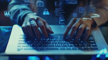 Cybersecurity expert working late, data streams flow around her hands while she types on her laptop.