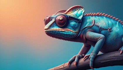 Obraz premium Cool chameleon wearing stylish sunglasses, posing against a vivid and colorful backdrop