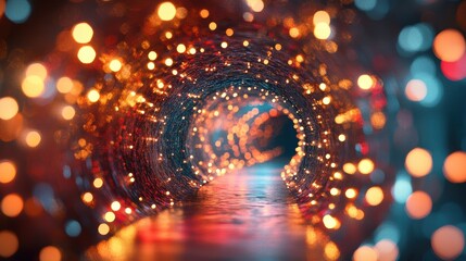 A digital tunnel with glowing lights and abstract motion, leading into infinity