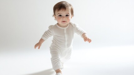 Playful toddler in soft white outfit explores bright, minimalist