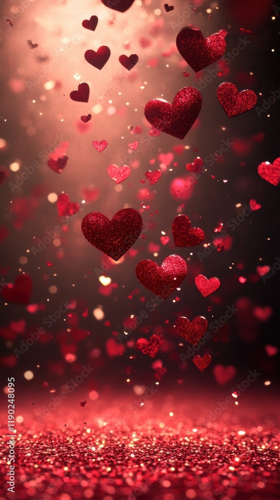 Poster a dreamy abstract background with floating red heart icons in different sizes, creating an energetic